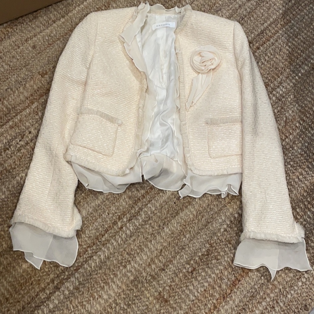 Ivory tweed escada chiffon blazer suit